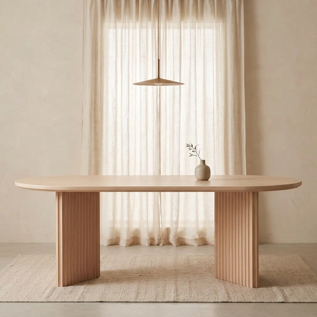 Avelin natural wood dining table styled in a neutral dining room
