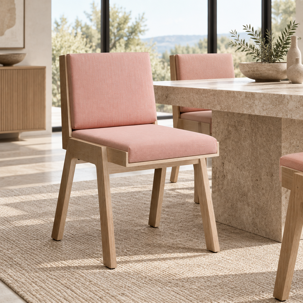 Rowan pink dining chair styled in a luxury modern dining room