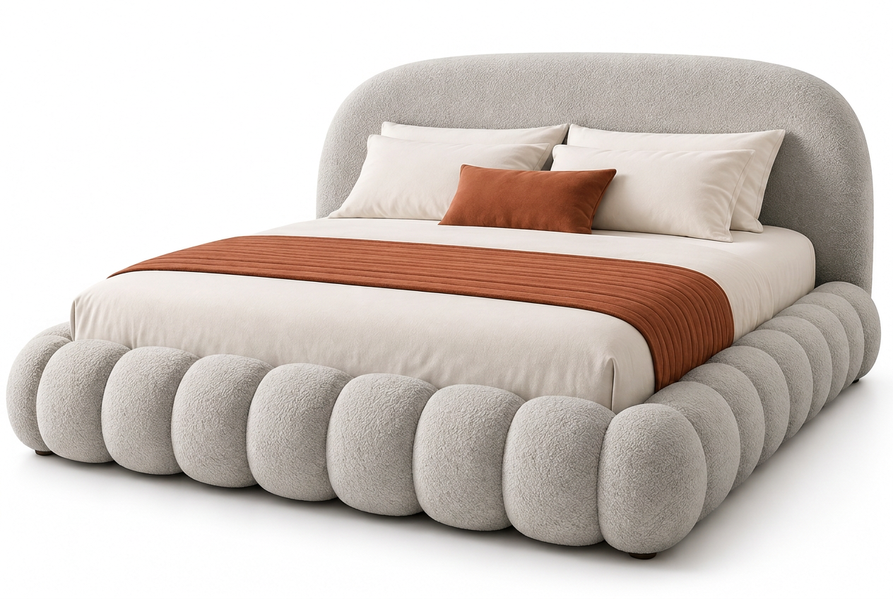 Mirea sculptural upholstered bed in light grey premium boucle