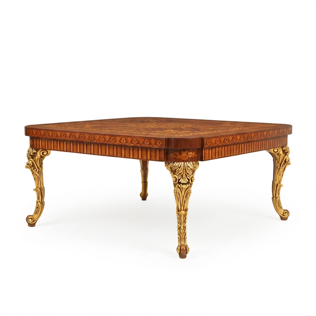 Ravelle coffee table, low corner view of reeded apron and ornate gold-toned legs