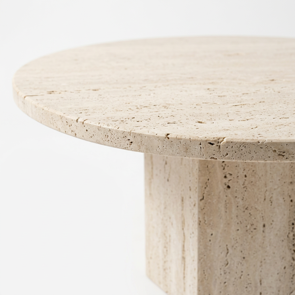 Orva stone tabletop and faceted base detail
