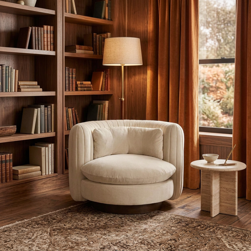 Solenne ivory velvet barrel armchair beside walnut bookshelves in a reading room