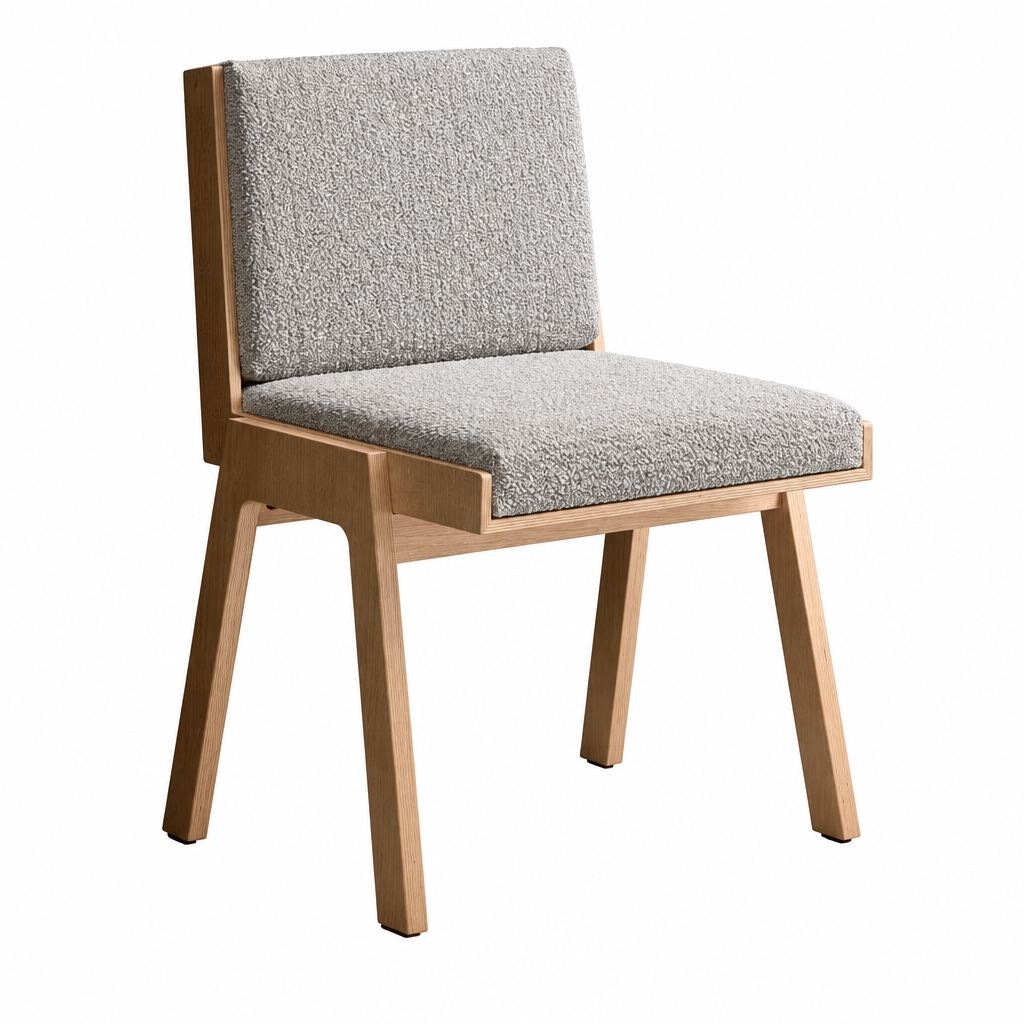 Rowan chair in light gray bouclé, illustrative upholstery concept