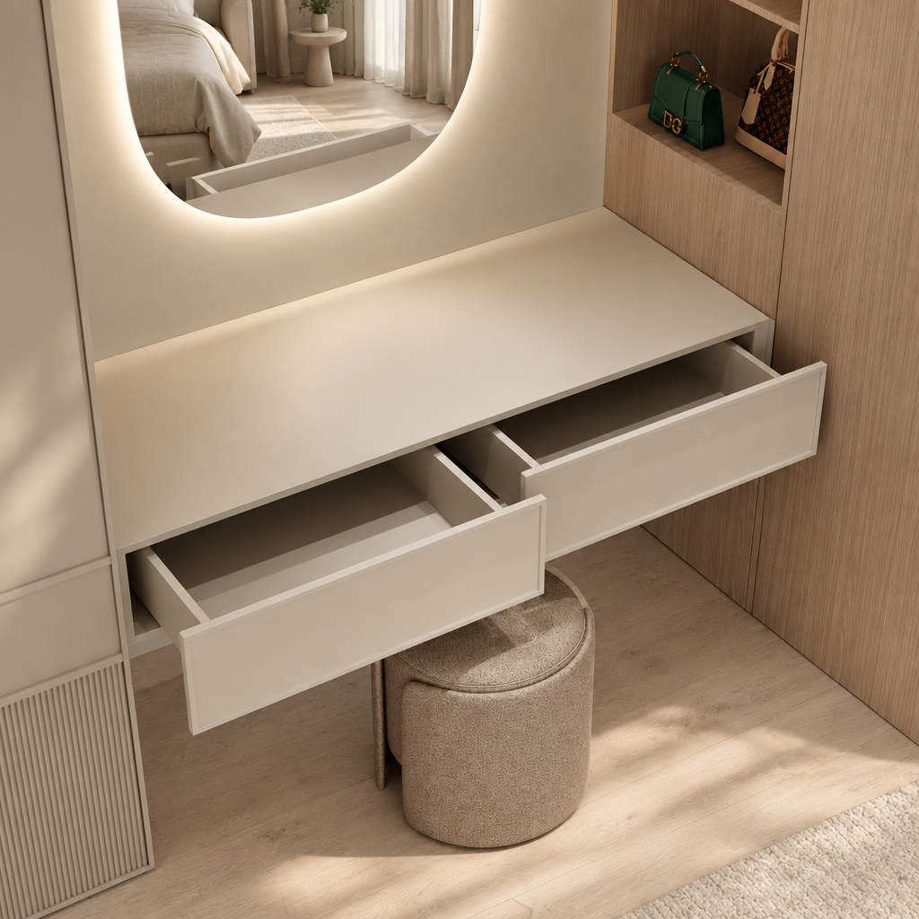 Calla Vanity Unit in a modern bedroom, detail of two open storage drawers