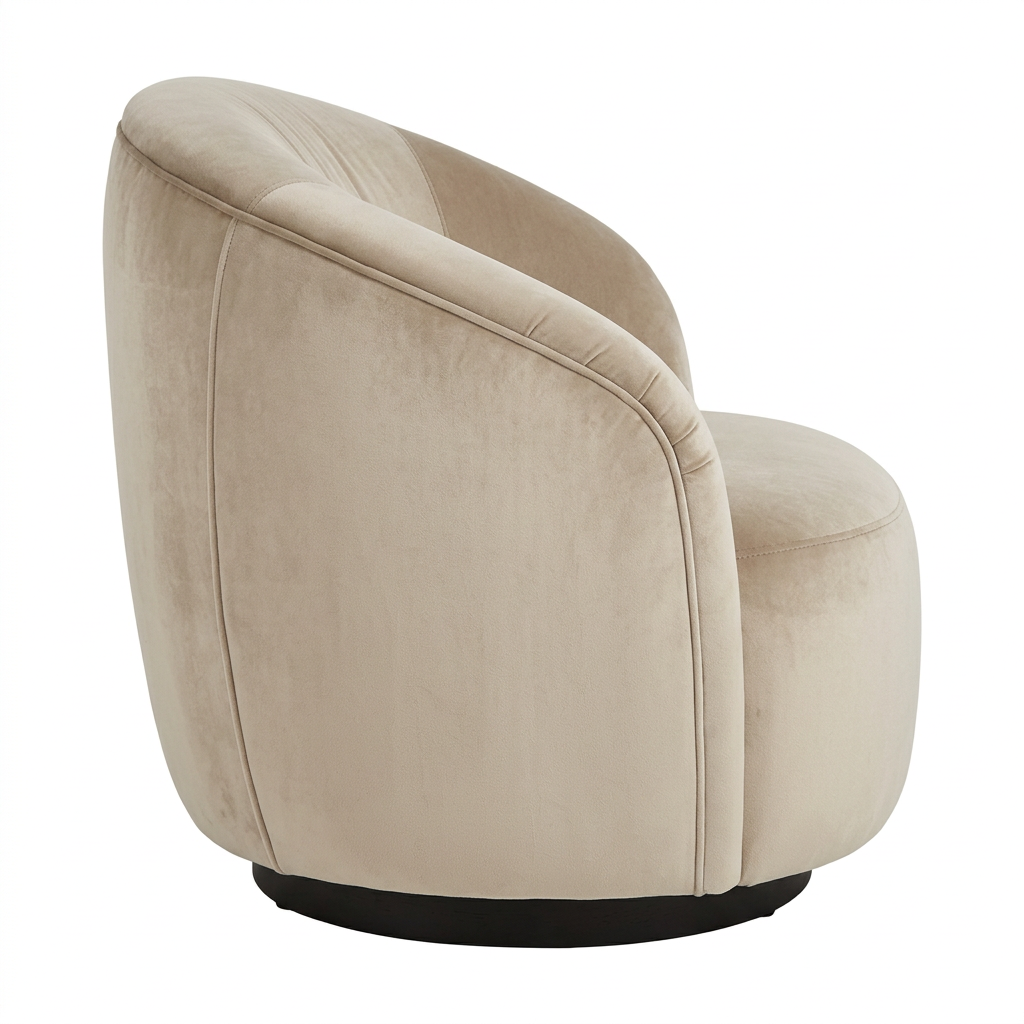 AI-reconstructed right-side view of Orelle beige barrel armchair