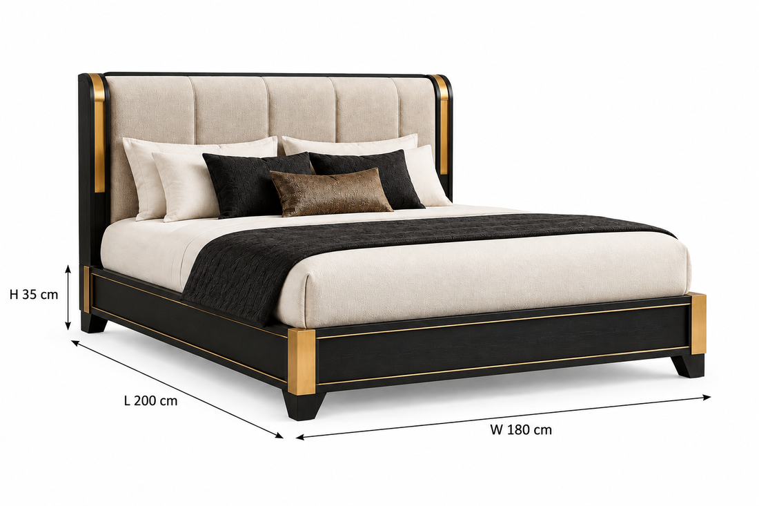 Savanna Majesty bed dimension diagram showing width 180 cm, length 200 cm, and height 35 cm with arrows on a white background