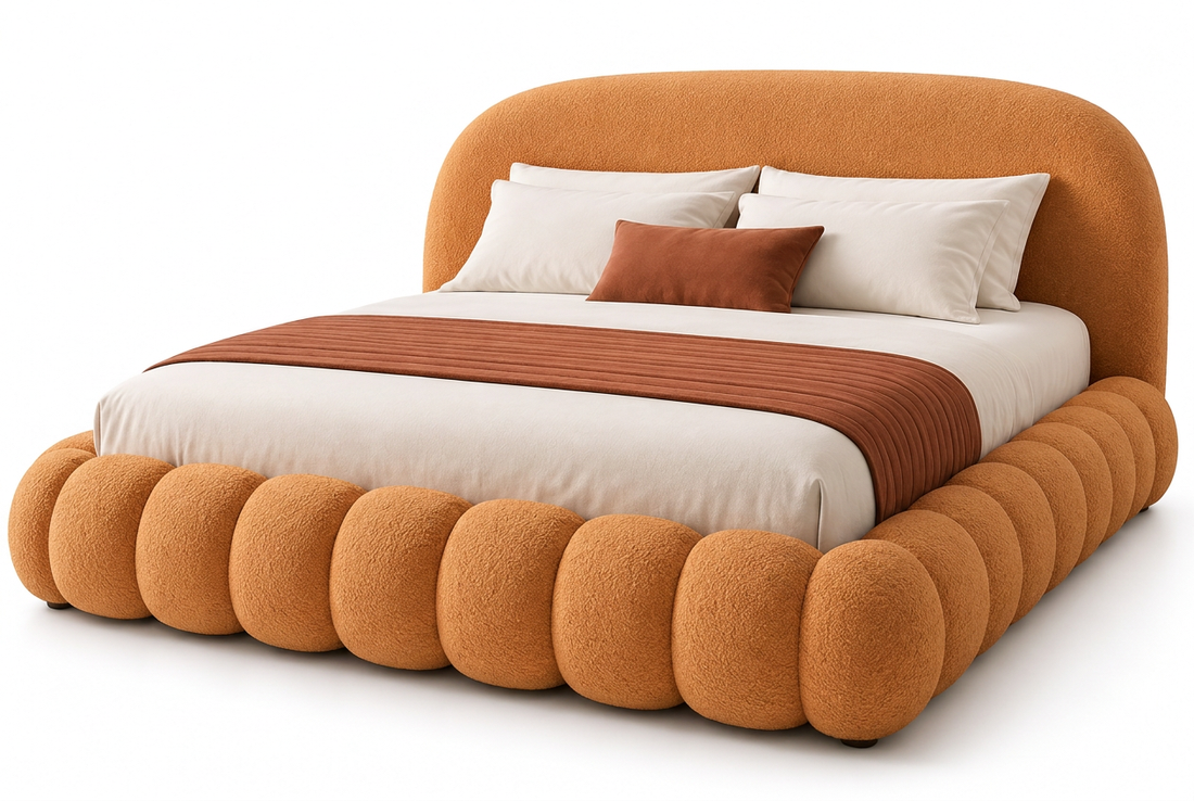 Mirea sculptural upholstered bed in orange premium boucle