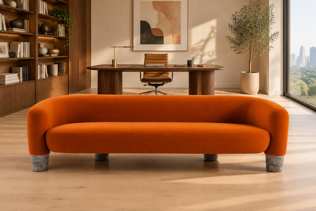 Oryn orange sofa in a modern home office