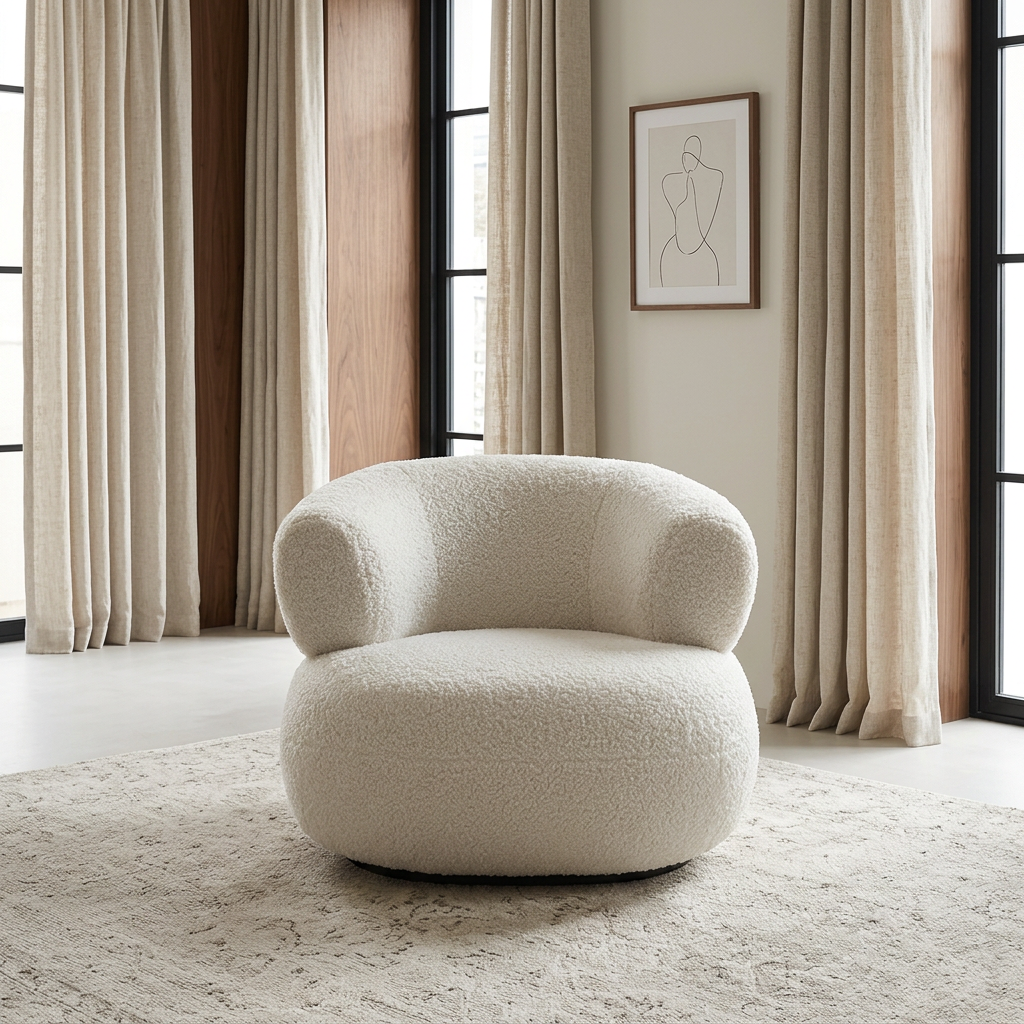Mirelle ivory bouclé armchair, front view in a neutral living room