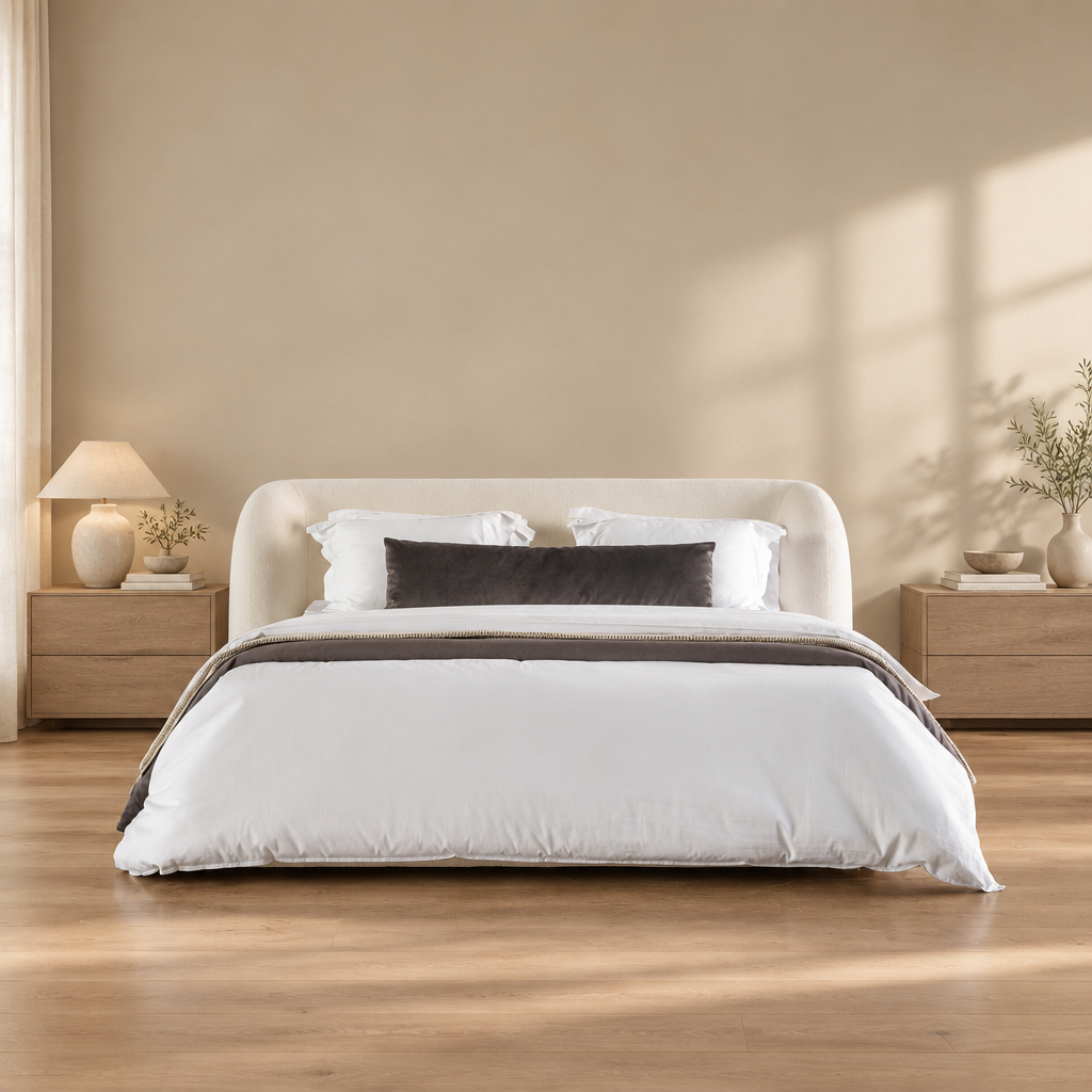 Solene bed in a warm beige and wood interior