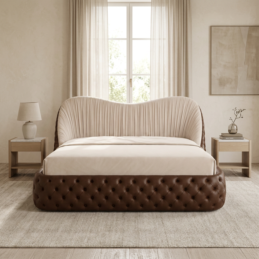 Bellavere beige and brown upholstered bed front view in a bedroom