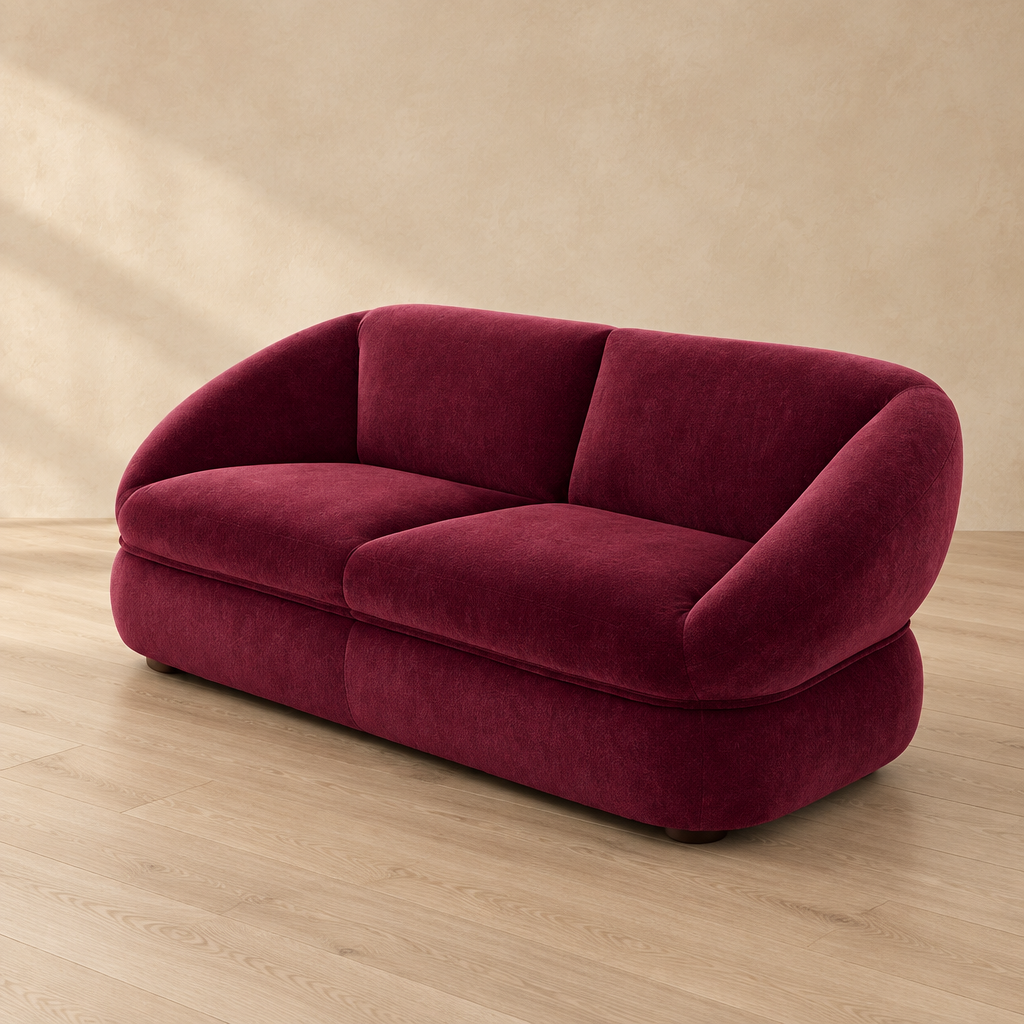 Orel burgundy two-seater sofa angled view