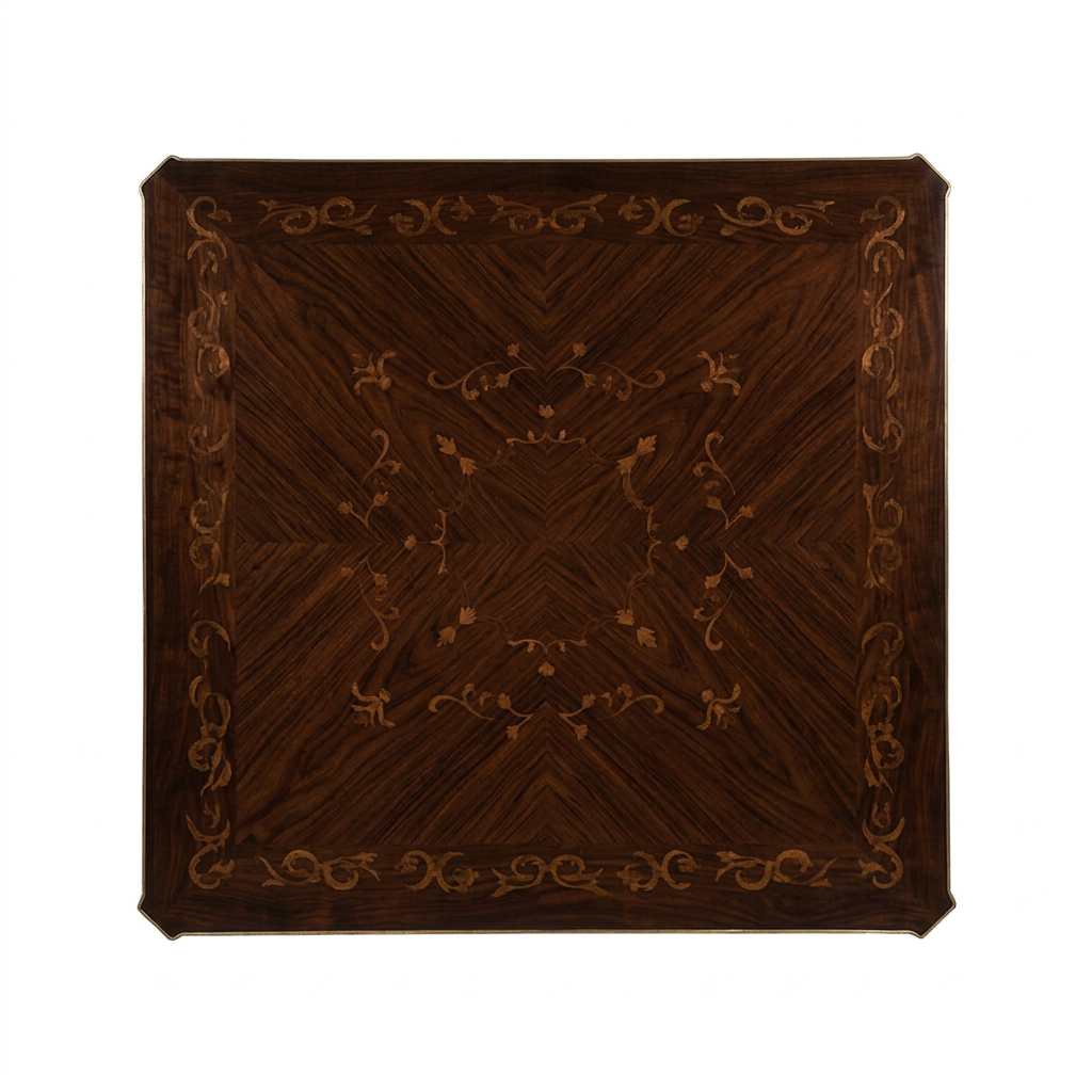 Square coffee table floral wood tabletop, overhead view