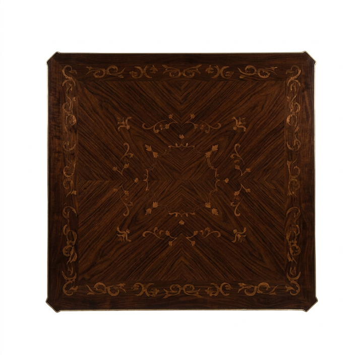 Square coffee table floral wood tabletop, overhead view
