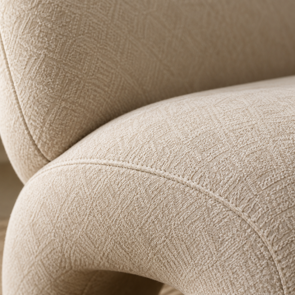 Close-up of ivory textured upholstery on Forma Sculptural Chair