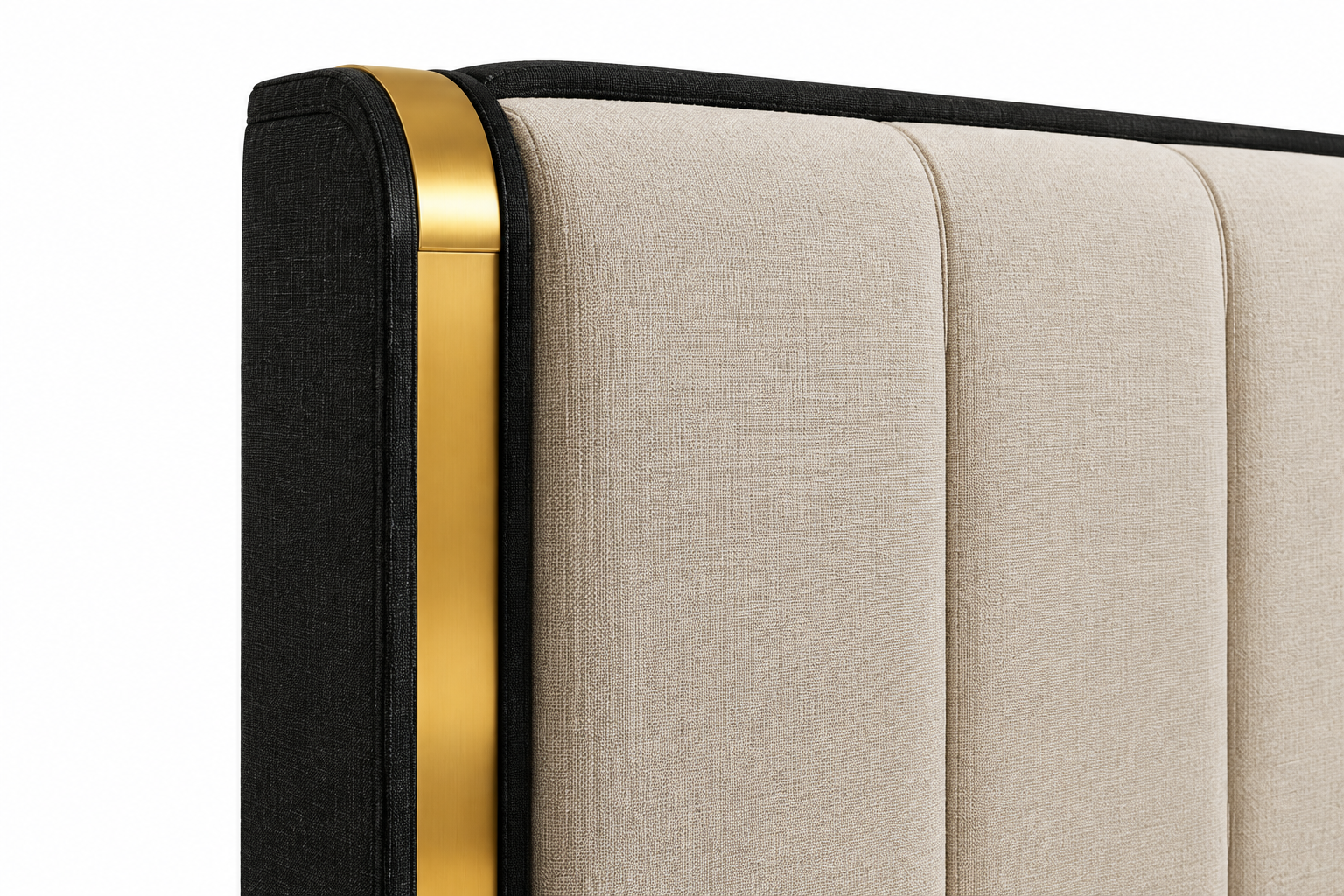 Close-up of the Savanna Majesty bed’s black headboard fabric texture and gold accent detail on a white background