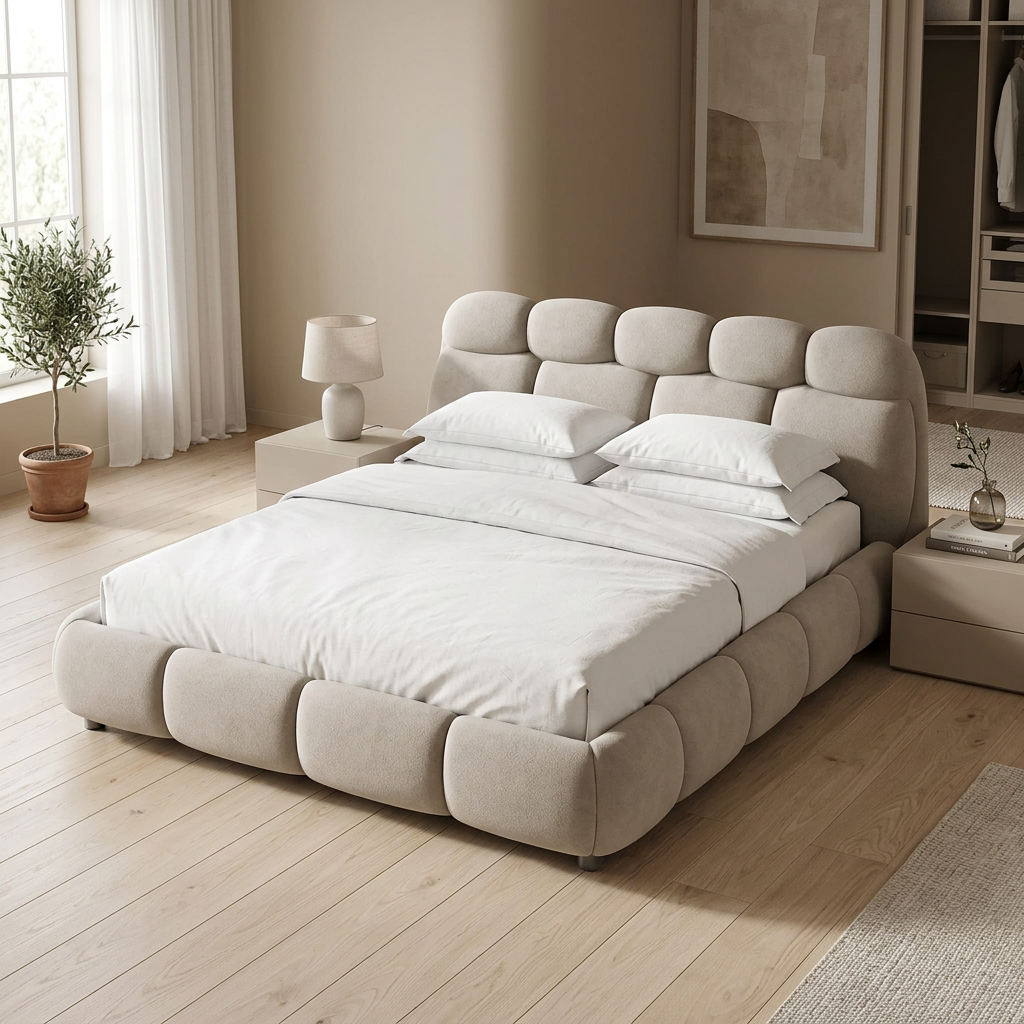 Nimbo cloud upholstered bed in ivory in a warm contemporary bedroom