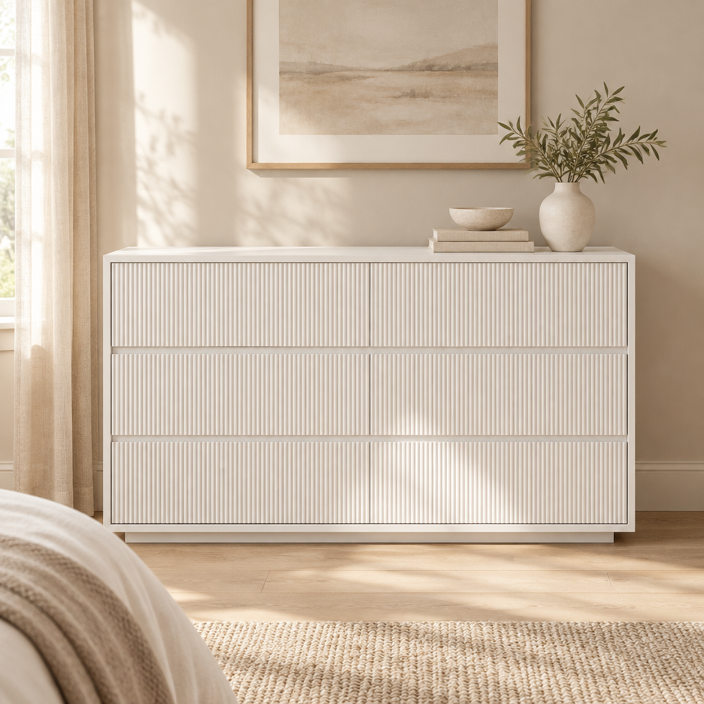 Isola white fluted three-drawer dresser styled in a neutral bedroom