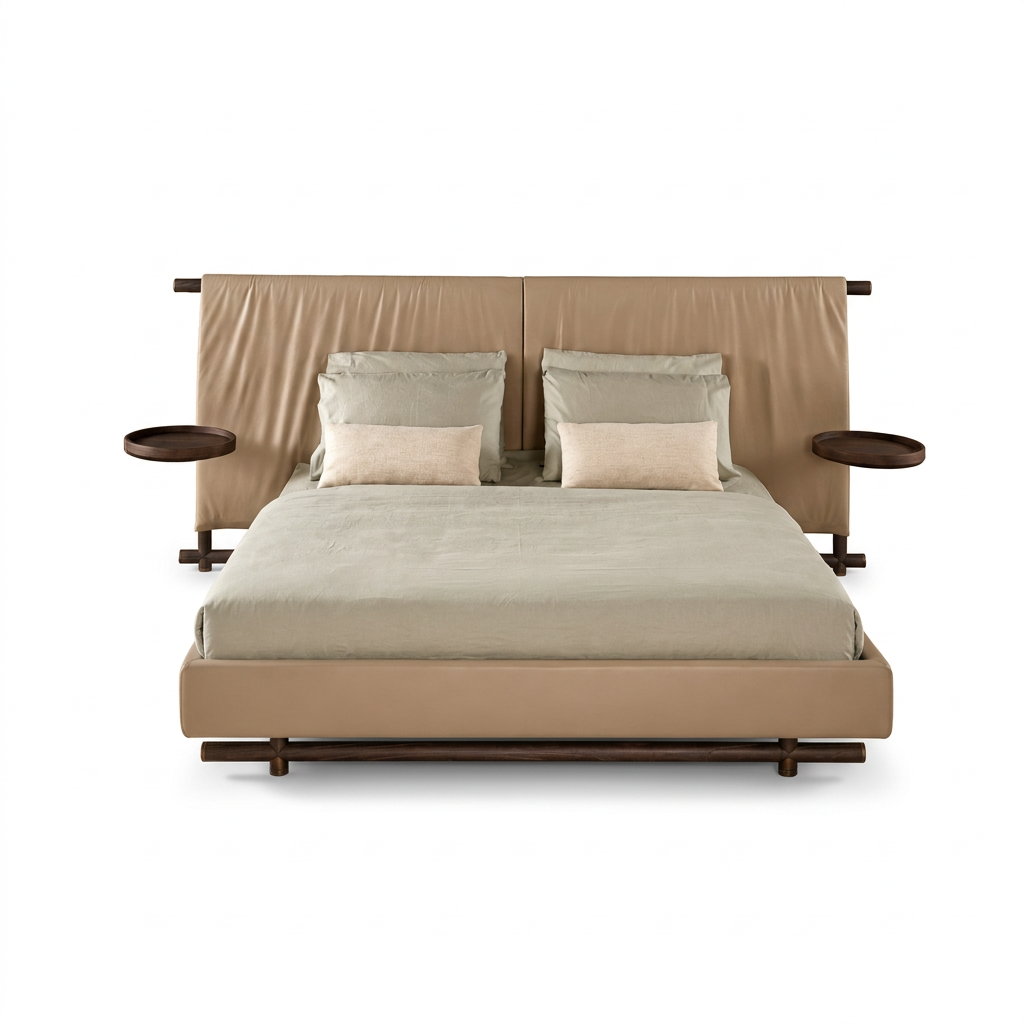 Kimono leather and wood bed, front view on a white background