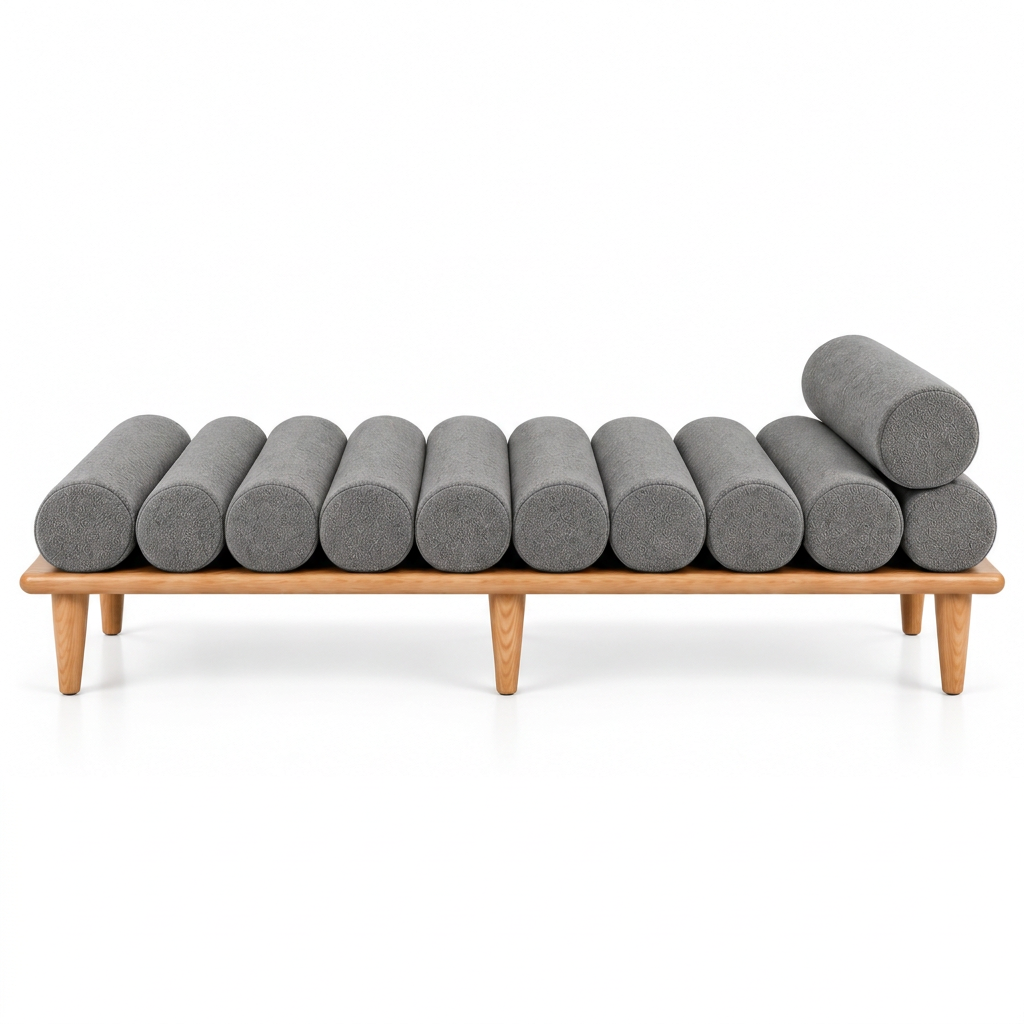 Lana bench with cylindrical cushions, front view on a white background