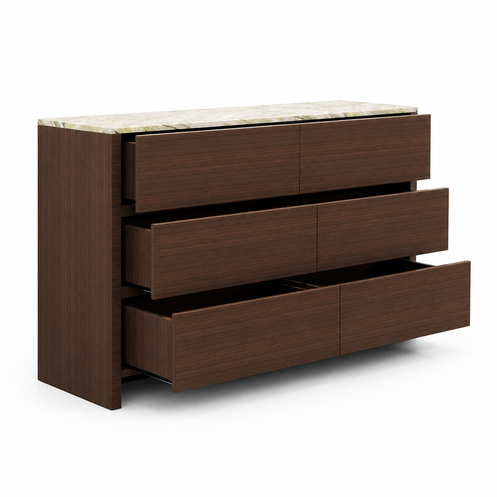 Lennox walnut dresser, side view with open drawer rows on white