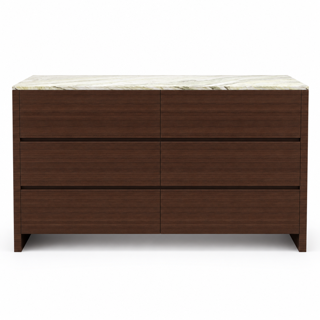 Lennox walnut veneer marble-top dresser, front view on white