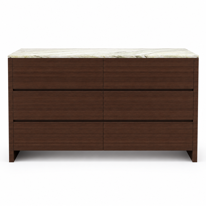 Lennox walnut veneer marble-top dresser, front view on white