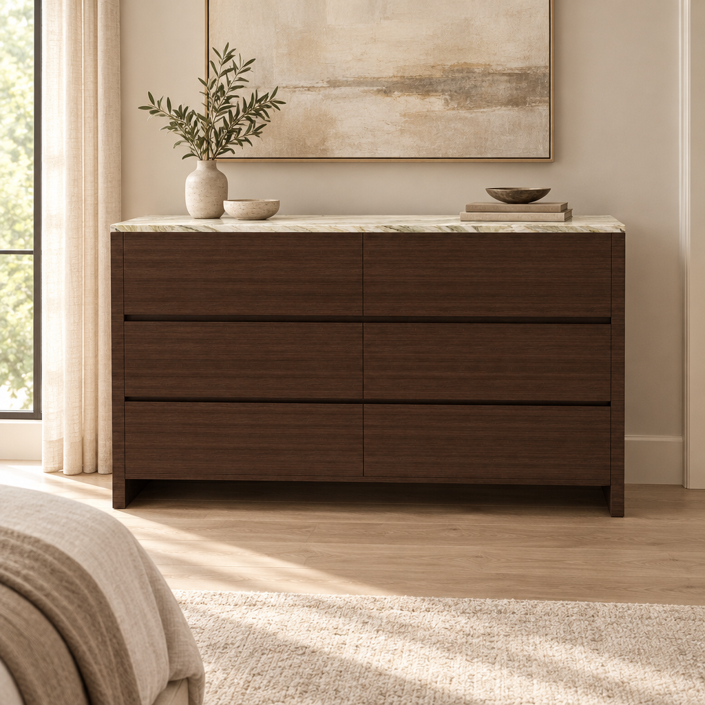 Lennox walnut veneer marble-top dresser styled in a bedroom