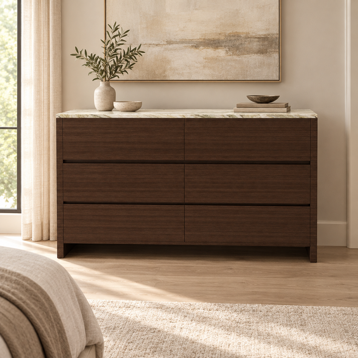 Lennox walnut veneer marble-top dresser styled in a bedroom