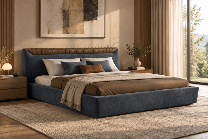 Libra navy-blue and brown leather bed in a warm neutral luxury bedroom