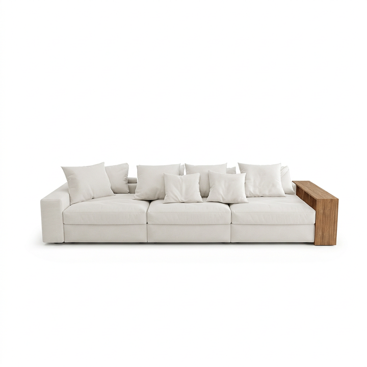 Liora bookcase sofa, straight-on front view on a white background