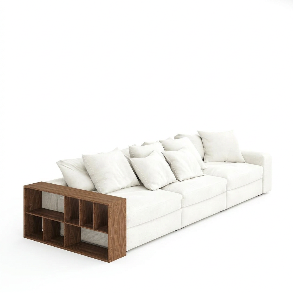 Liora sofa with walnut-coloured bookcase arm, side view on white