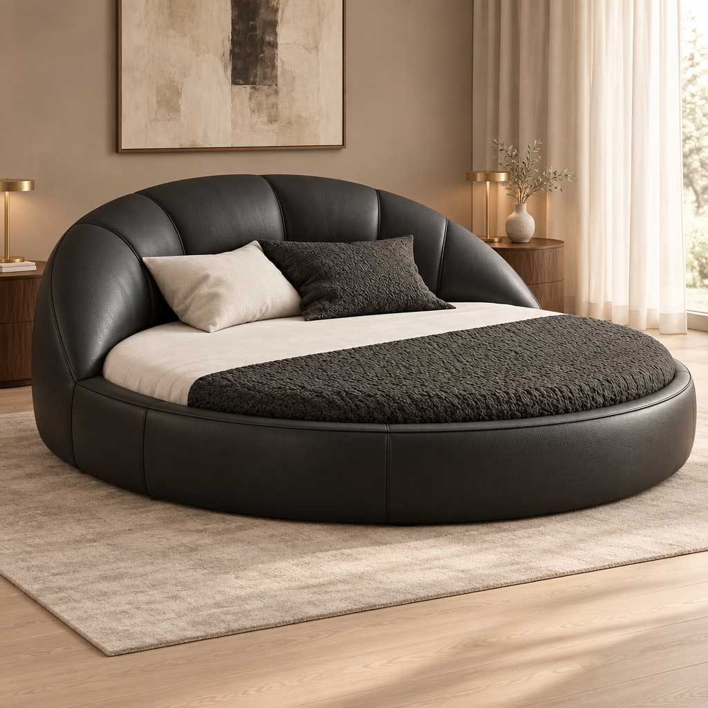 Lorve black PVC faux-leather bed in a luxury bedroom