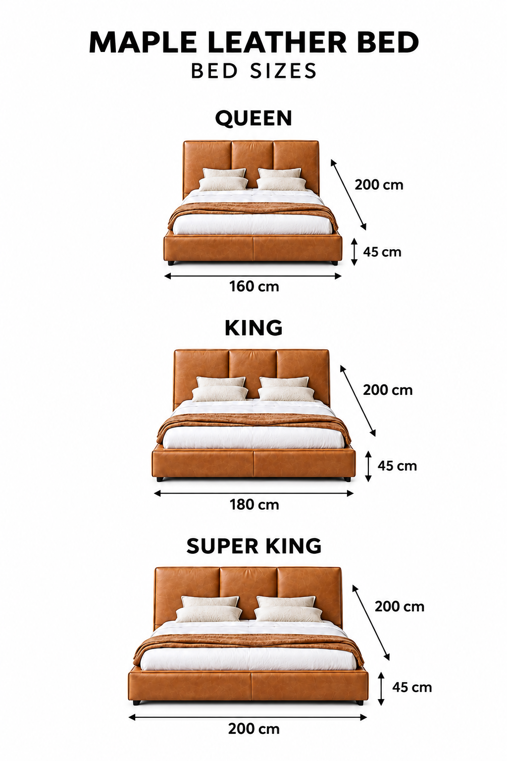 Maple bed vertical size chart