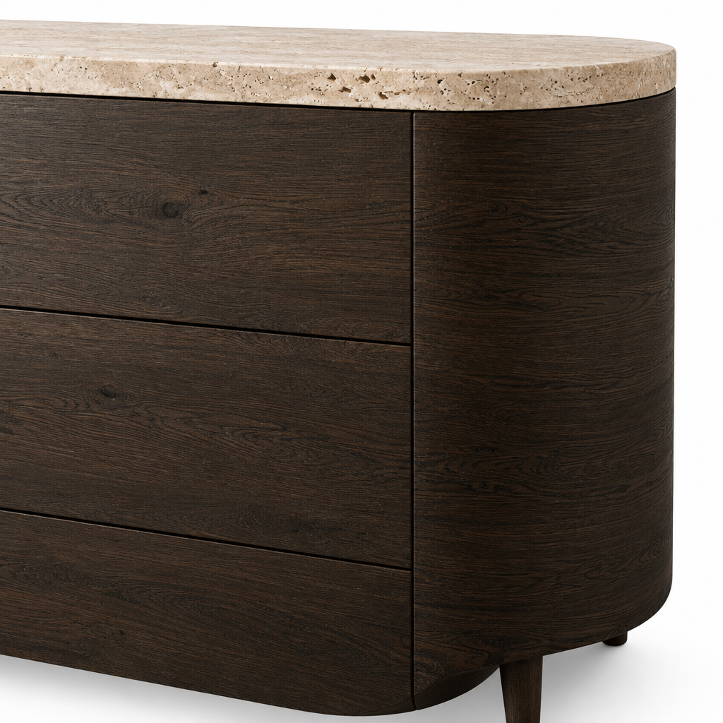 Marlow travertine and wood-finish detail