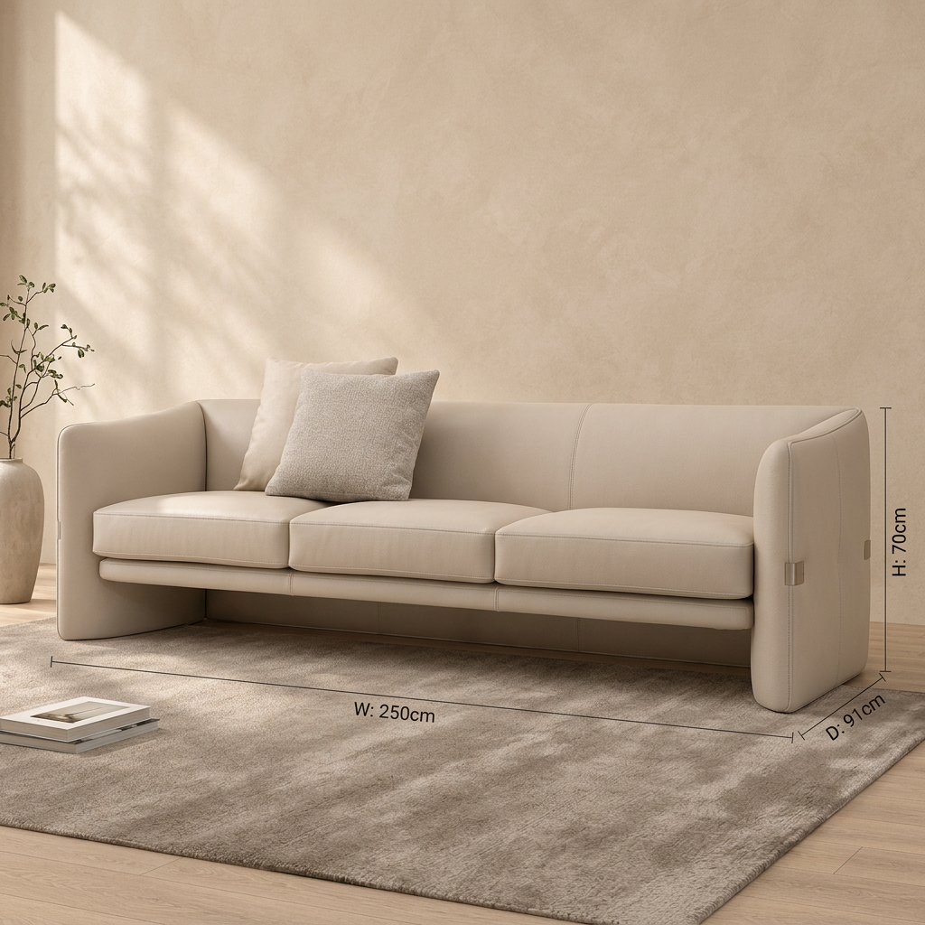 Neris beige curved-side leather sofa styled in a living room