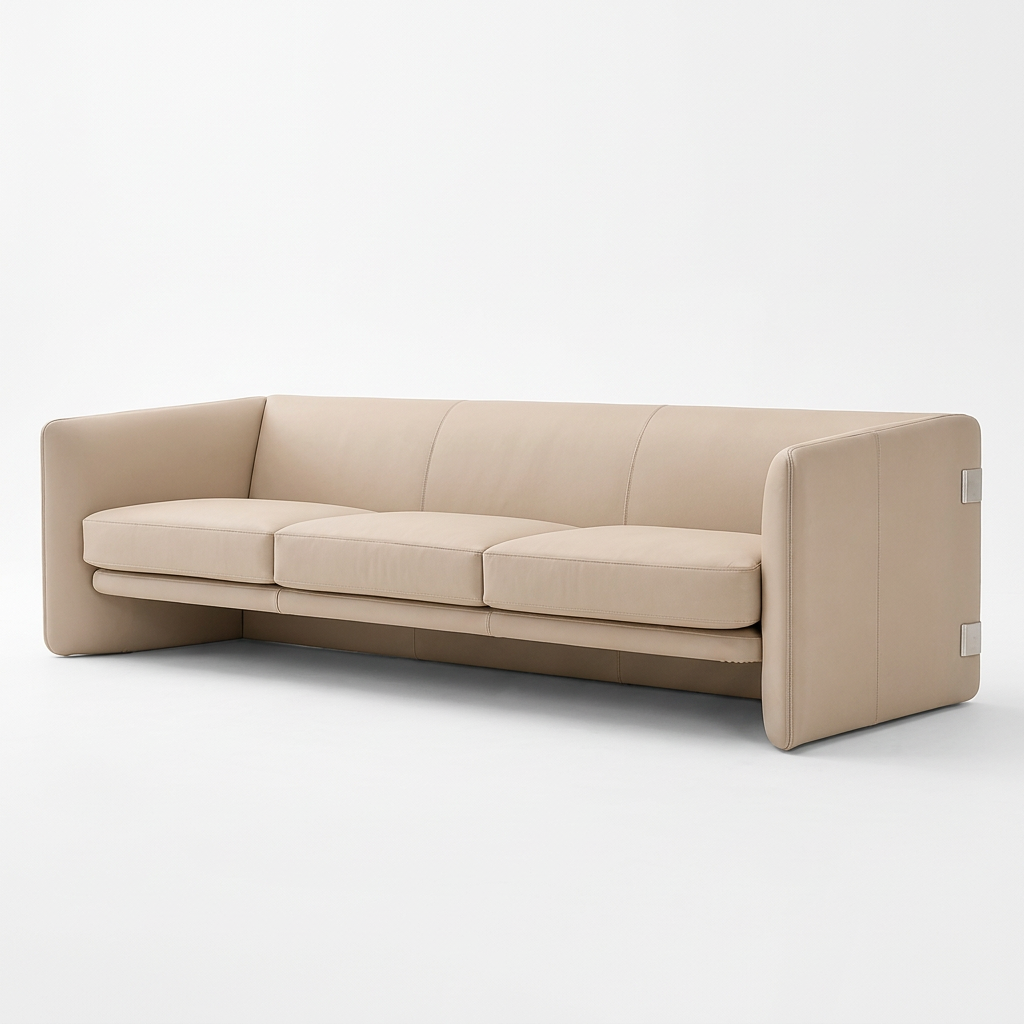 Neris beige leather sofa, side-angle view on white