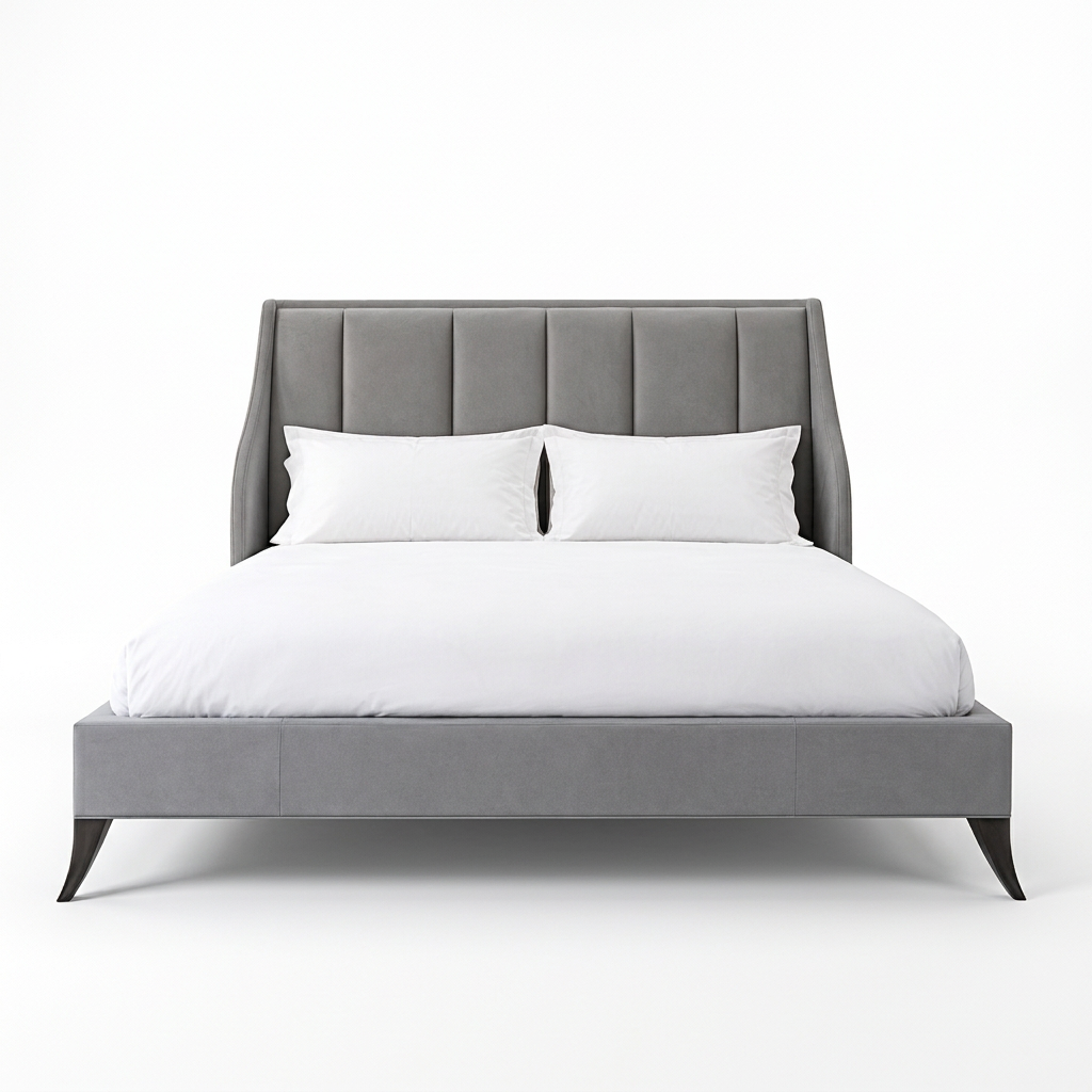Orin grey panelled wingback bed, front view on a white background