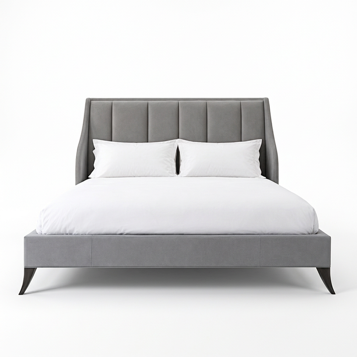 Orin grey panelled wingback bed, front view on a white background