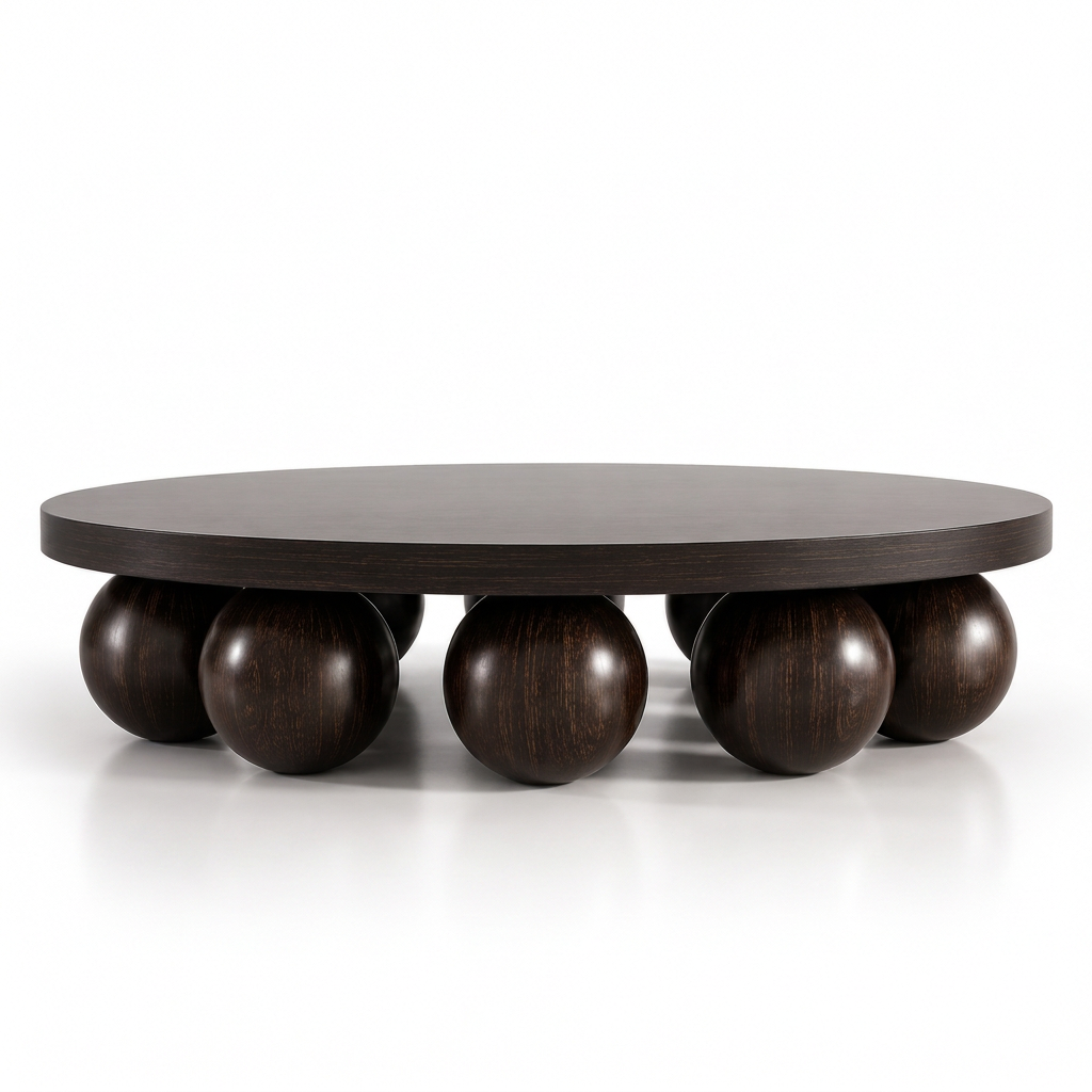 Orlo espresso round sphere-base coffee table, front view on white