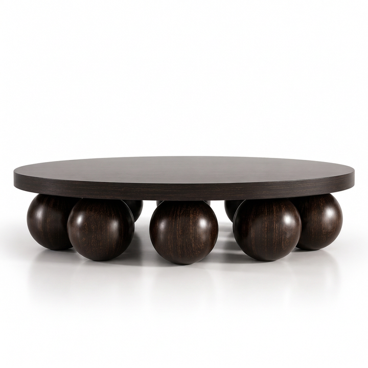 Orlo espresso round sphere-base coffee table, front view on white