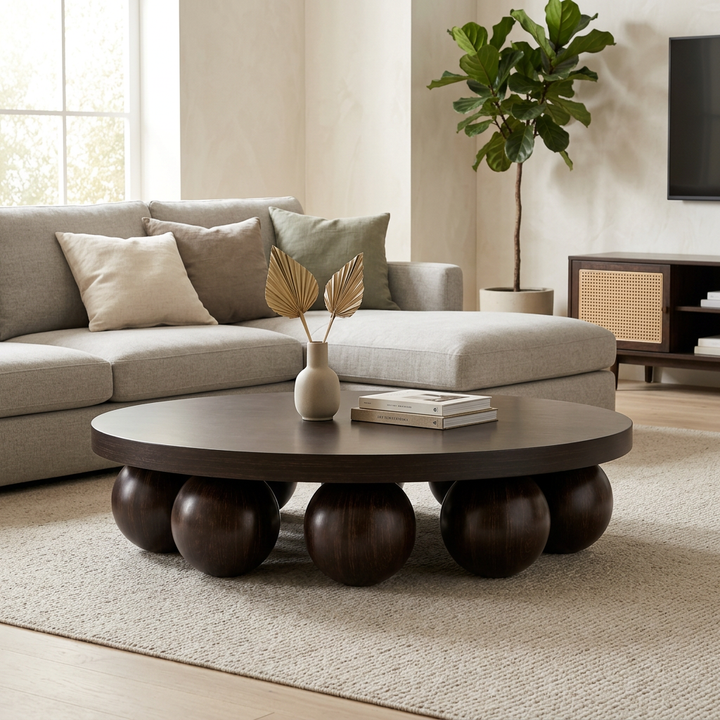 Orlo espresso sphere-base coffee table styled in a living room