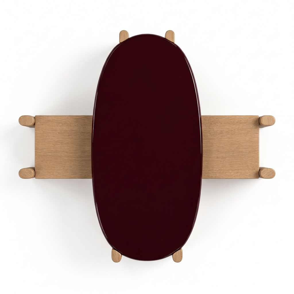 Overhead view of the Alto glossy burgundy oval tabletop