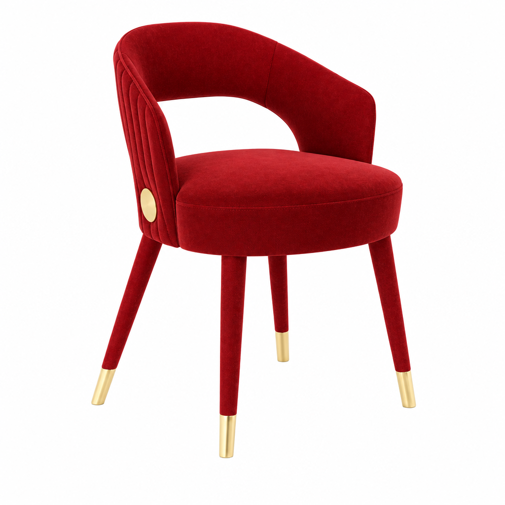 Red fabric chair with matching fabric-covered legs