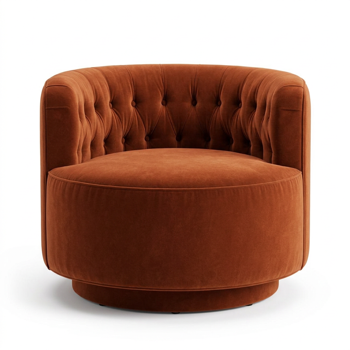 Riad rust velvet swivel chair, front view on white