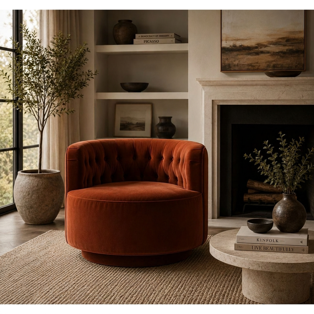 Riad tufted velvet swivel chair styled in a living room