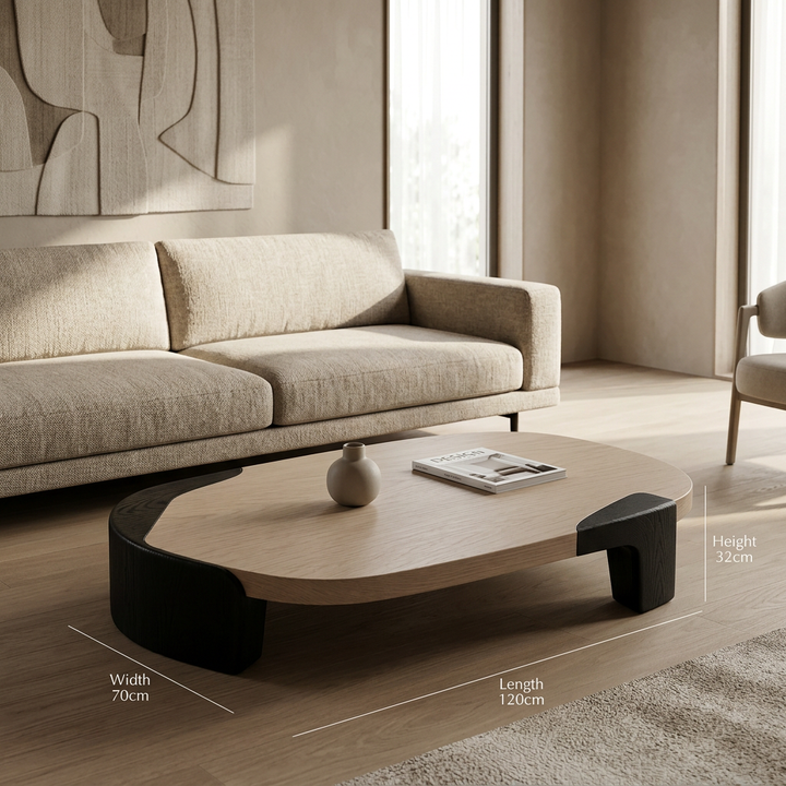 Rove two-tone organic coffee table styled in a contemporary living room