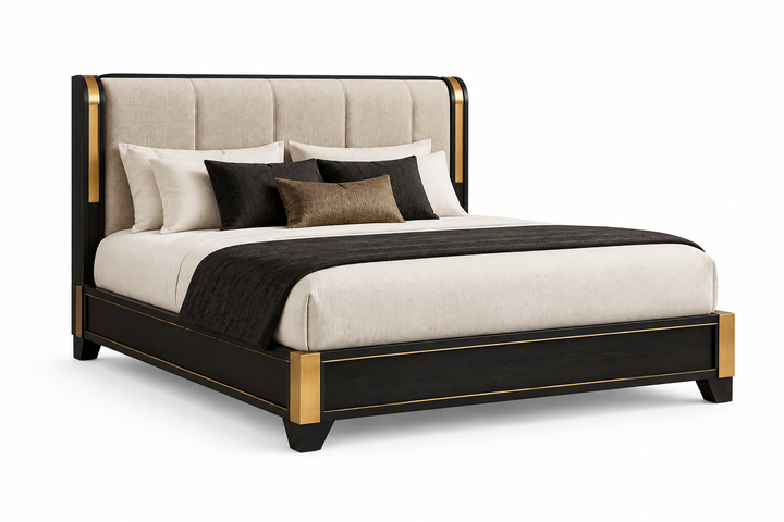 Savanna Majesty bed with a black-and-gold frame and upholstered headboard on a clean white background