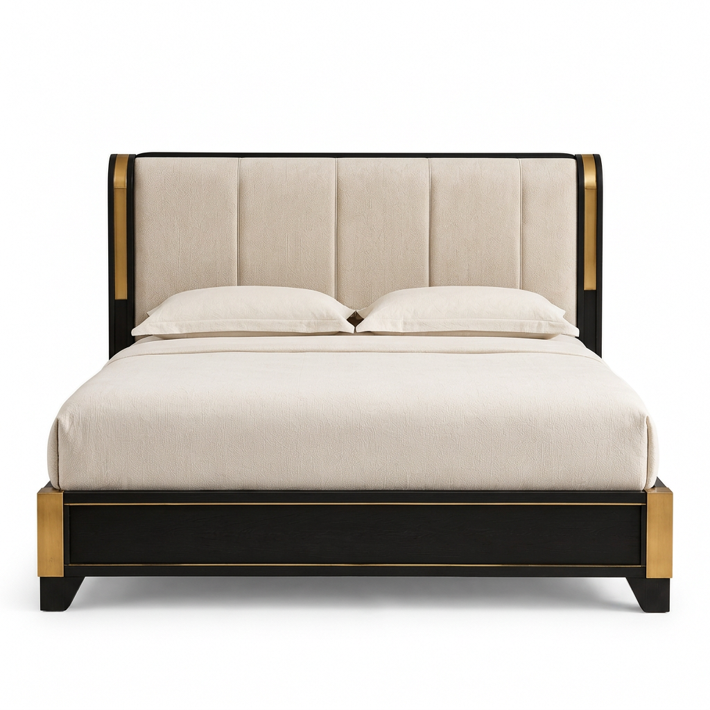 Savanna Majesty black and gold upholstered bed, front view on a white background