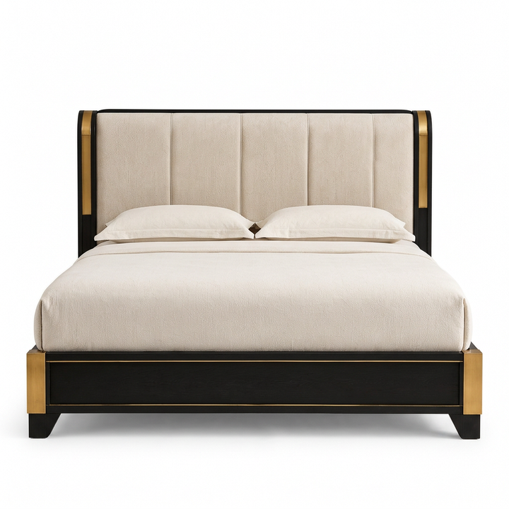 Savanna Majesty black and gold upholstered bed, front view on a white background